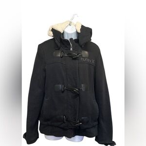 Hurley Black Sherpa Lined Hooded Toggle Duffle Jacket Size XL